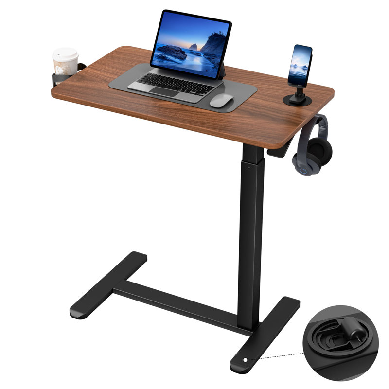 Height Adjustable Overbed Bedside Table with Hidden Casters, Pneumatic Standing Desk, Mobile Laptop Table, Hospital and Home Use Rolling Cart, Walnut