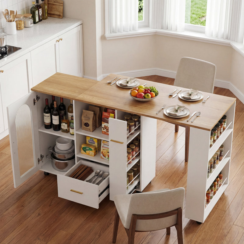 67.7" Rolling Kitchen Island With 360° Swivel Extendable Table, Mobile Kitchen Cart On Wheels With Storage Cabinet, Drawers & Spice Rack