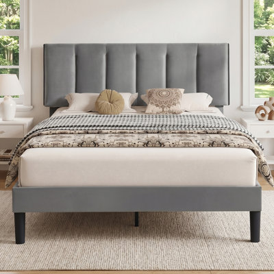 Double Size Platform Bed Frame With Adjustable Upholstered Headboard, Wooden Slats Support, No Box Spring Needed, Easy to Assembly