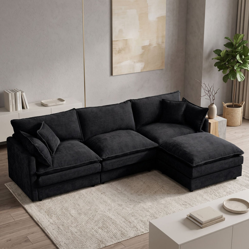 Canapé modulaire en L modulaire, canapé 3 places Cloud Comfort avec repose-pieds mobile et sièges reconfigurables, Noir