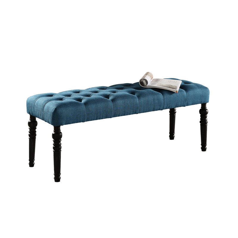 Fabric Bench In Blue Hue - Solid Wood Frame & Turned Legs, 48"W X 16"D 19.5"H Leg Dining Table , Wood, 48W 16D 19.5H, Blue