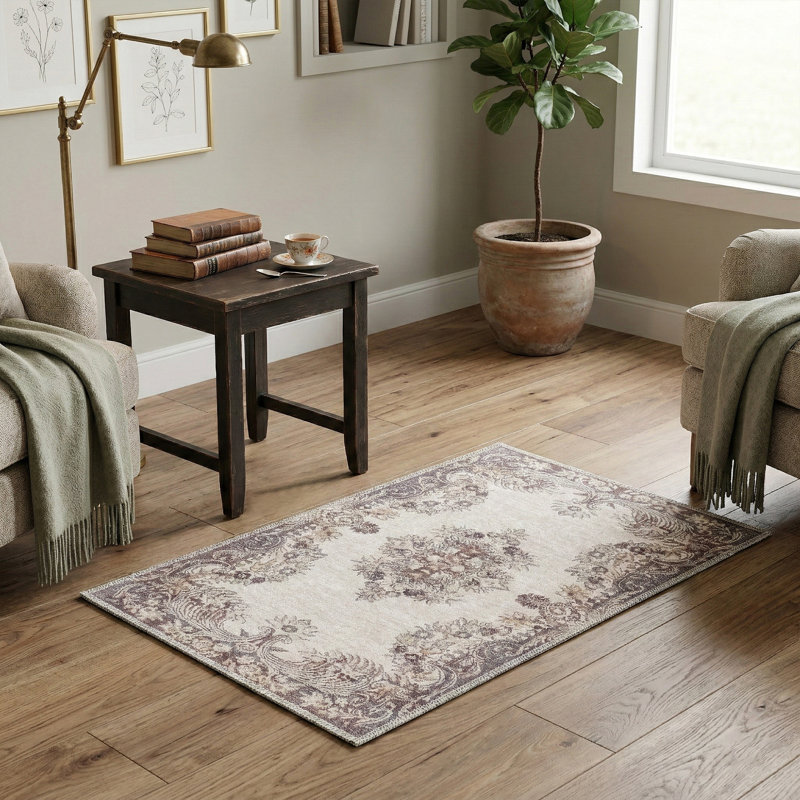 Zehorit Machine Washable Vintage Area Rug in Beige/Cream/Brown/Yellow for Living Room, Hallway Runner, Entryway Rug