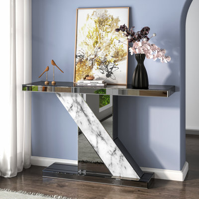Rillamas 47.24'' Mirrored Glass Console Table Imitation Marble Sofa Entryway Table