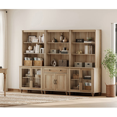 Armoires de garde-robe gris délavé Scarlett, grande armoire de style bahut avec bahut pour salle à manger, buffet moderne, grande armoire de rangement avec portes en verre et étagère à 5 niveaux