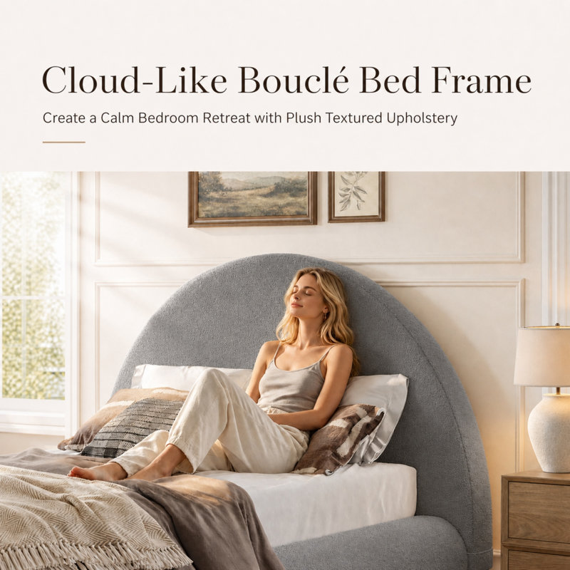 Cadre de lit plateforme rembourré, tête de lit demi-lune arquée en boucle avec rembourrage en mousse moelleuse de 12,7 cm, bords arrondis, lattes métalliques, aucun sommier requis, capacité de charge de 454 kg