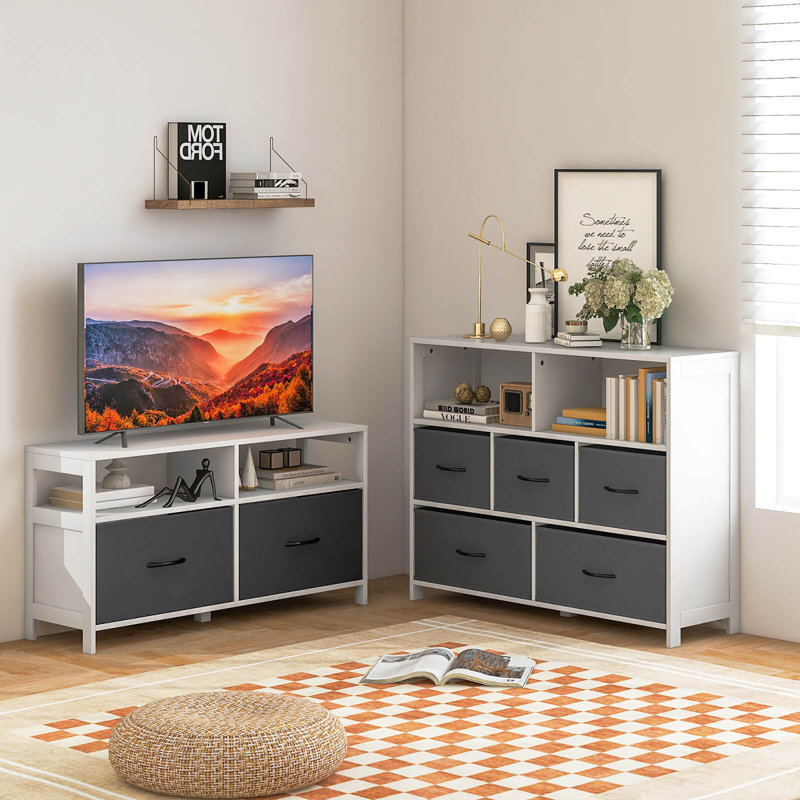 Commode en tissu pour chambre à coucher avec 2 tiroirs et 2 tablettes ouvertes Ebern Designs