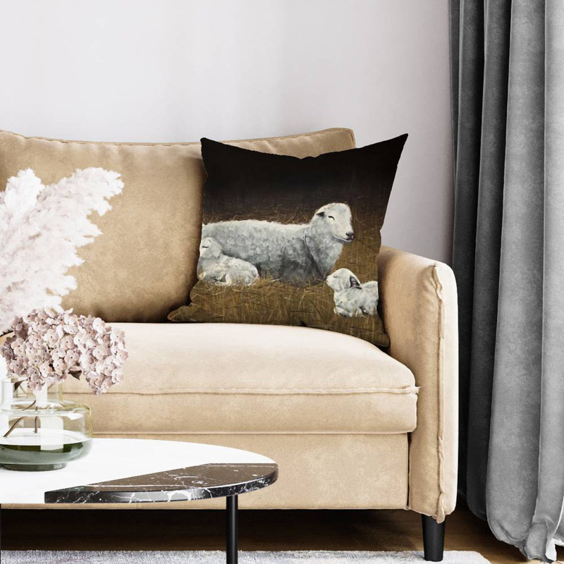 Sheep and Lambs Square Throw Pillow Cover, 16" x 16"