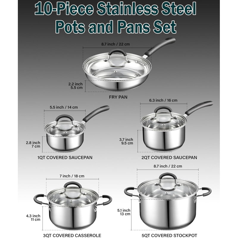 Ensemble de batterie de cuisine en acier inoxydable, casseroles et poêles avec poignées Stay-Cool de Cook N Home Professional