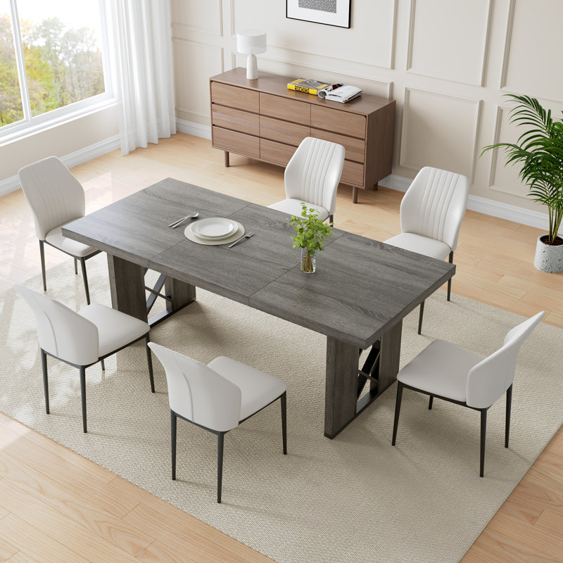 7 Piece Dining Table Set For 6-8 People,Rectangle Kitchen Table With Chairs For Dining Room, Gray, White