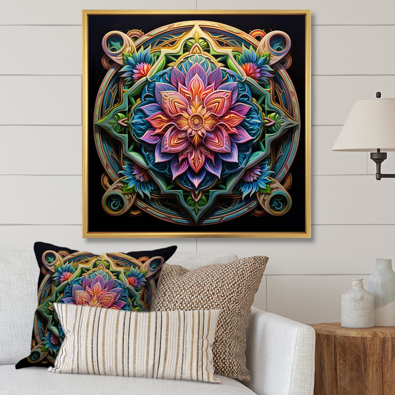 Ancien mandala magique coloré sur toile, H 36 po x l 36 po, Cadre flottant doré