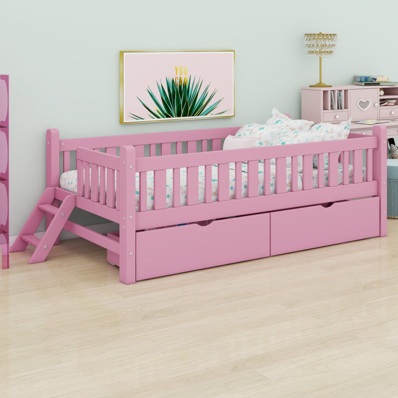 Lit garde-corps en bois avec 2 tiroirs de rangement, Rose