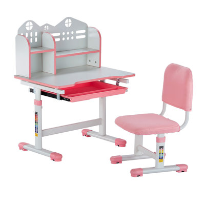Ensemble bureau et chaise d'étude pour enfants, bureau et chaise avec tablette et tiroir de rangement, bureau à hauteur réglable avec chaise, table d'étude pour chambre et bureau, rose