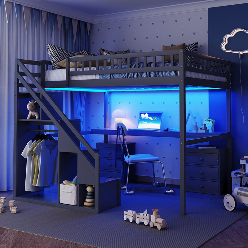 Lit mezzanine double avec commode, bureau et bande lumineuse, Gris, Lit double