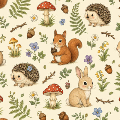 Papier peint adhésif repositionnable à motifs champignons, lapins, fleurs, feuilles, forêt, beige vintage, écureuil, hérisson. Décoration murale amovible et autocollante pour chambre, cuisine et placards. 61 cm x 300 cm.