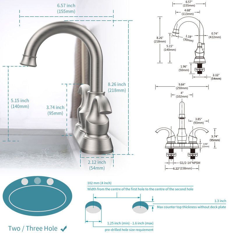 Robinet de salle de bain à ensemble central avec bonde, Nickel brossé