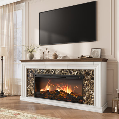 Meuble télé 70 po pour foyer avec téléviseur de 80 po, centre de divertissement de ferme avec 3 tiroirs dissimulés pour le salon, luminosité réglable et faible bruit