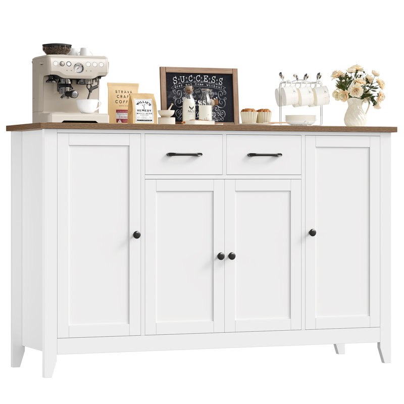 4 Door Accent Cabinet With 2 Drawers, Adjustable Shelves, White