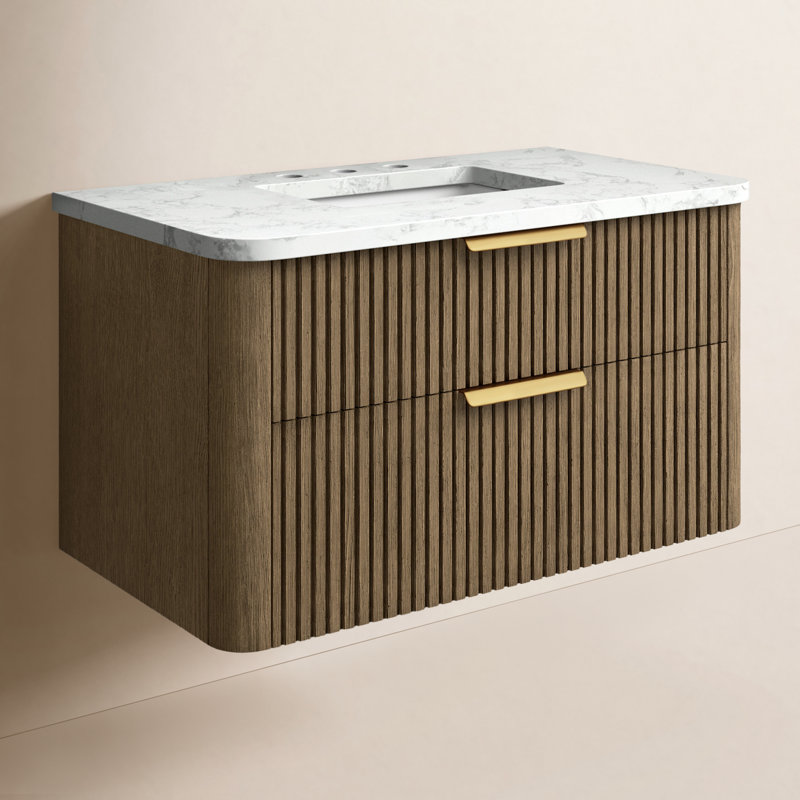 Liljan 36'' Wall-Mounted Single Bathroom Vanity, Aged Oak/Brushed Bronze