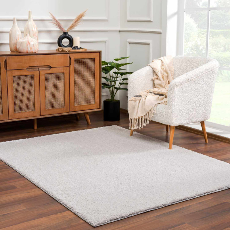 Tapis gris en polyester tissé à la main de couleur unie Francique, Rectangle 6 pi 7 po x 9 pi