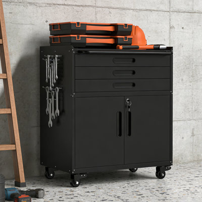 34.55 In High Rolling Tool Cabinet, All - One Mobile Workstation With Adjustable Shelf, Silent Drawer Slides, And Perforated Side Panels Tall Metal Black Modern Design 3 Drawers, 2 Lockable