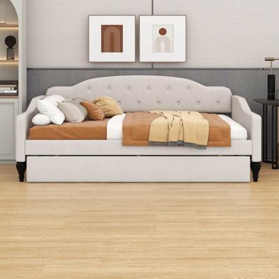 Full Size Daybed Frame With Button Tufted And Twin Size Trundle, Linen Upholstered Daybed With Wingback Design