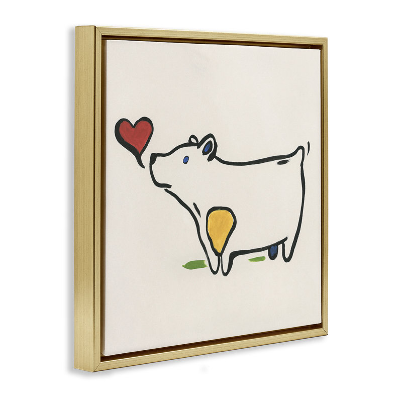 «Bear & Heart Doodle», art mural encadré flottant par June Erica Vess, Cadre flottant métallique doré, H 18 po x l 18 po