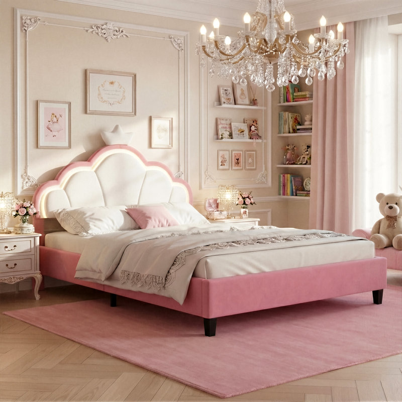 European Single & Double Upholstered Princess Bed With LED Crown Headboard, Pink Velvet, European Double (140 x 200 cm)