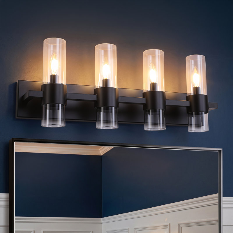 Dimmable Bathroom Vanity Light with Cylinder Glass Shades, 27.55" W, Matte Black, 4 Lights