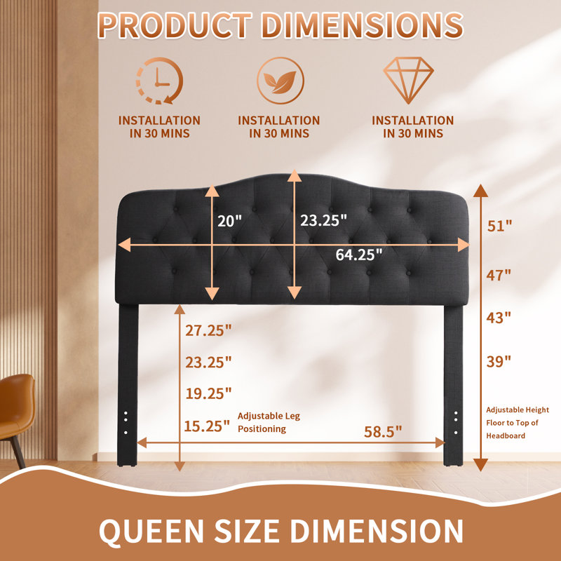 Adjustable Height Headboard with Linen Upholstery and Button Tufting for Bedroom, Dark Grak, Queen
