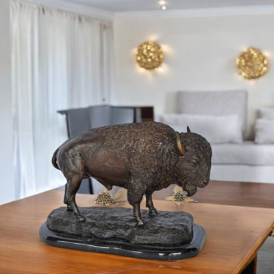 Statue de bison debout en bronze, sculpture Buffalo American avec base en marbre, L 11 po x l 6 po x H 8 po