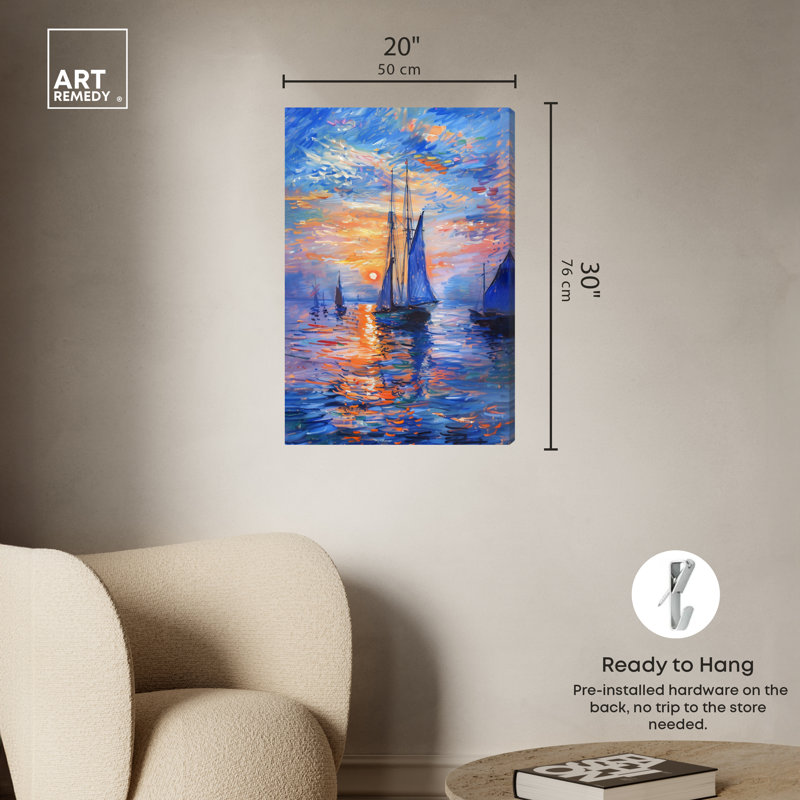 Night Sea Breeze Sailing Canvas Wall Art, 20" x 30", Blue and Orange