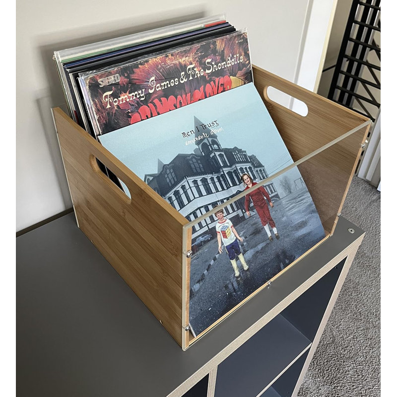 Acrylic & Bamboo Vinyl Record Storage Crate (14.17"×12.44"×9.84") – 65-LP Capacity Visible Organizer with Portable Handles