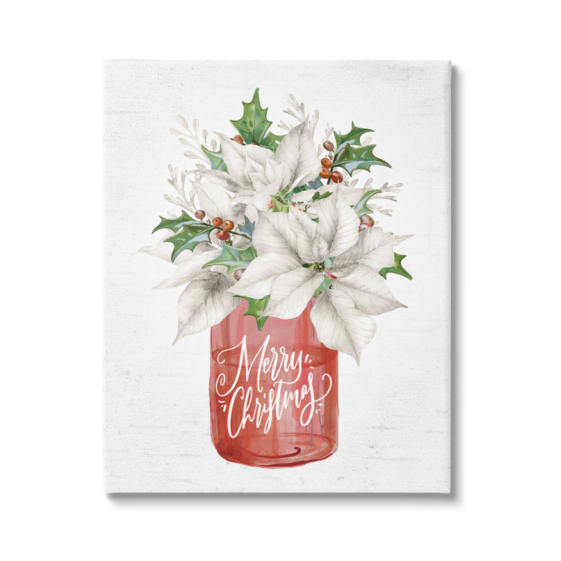 Joyeux Noël, poinsettia blanc, bouquet de baies de houx, giclée noire encadrée, art texturé par lettres et lignes