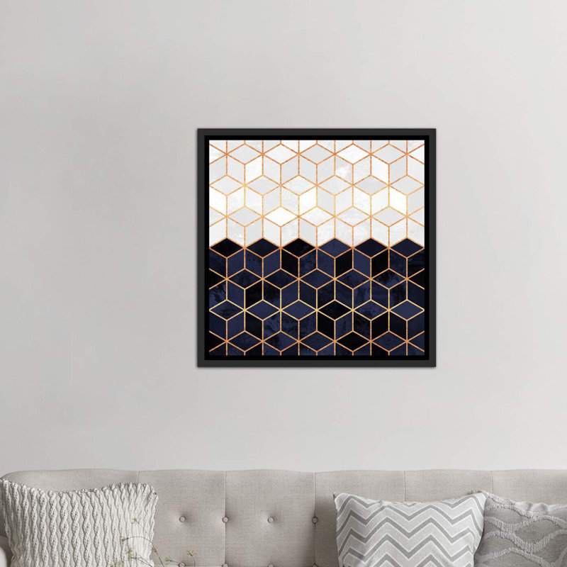 «White and Navy Cubes» par Elisabeth Fredriksson - impression d'art graphique, Toile avec cadre noir