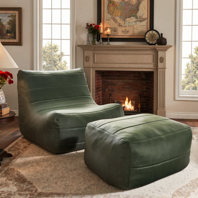 Faux Leather Bean Bag Chair With Ottoman – Lazy Floor Sofa For Teens & Adults, No Assembly