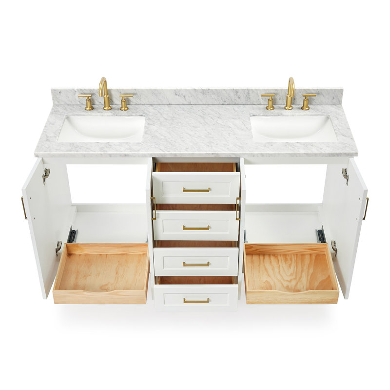 Meuble-lavabo double 67 po en bois massif blanc avec plateau en marbre de Carrare 0,75 po Nobe, Blanc, Ovale, 67 doubles