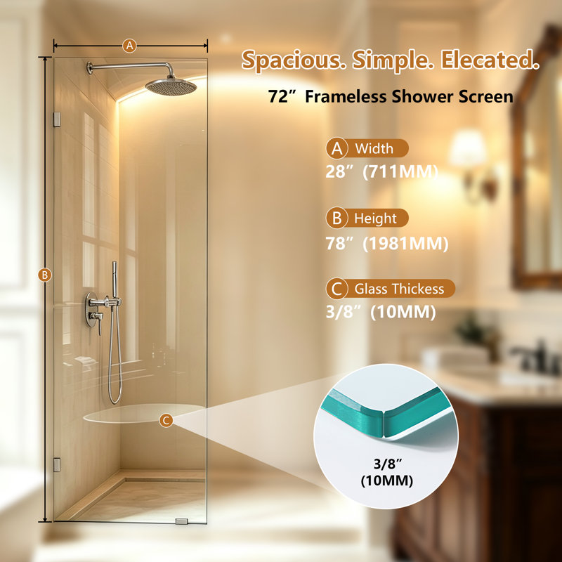28 po x 78 po. Panneau de douche fixe simple sans cadre, chrome poli, Polished Chrome