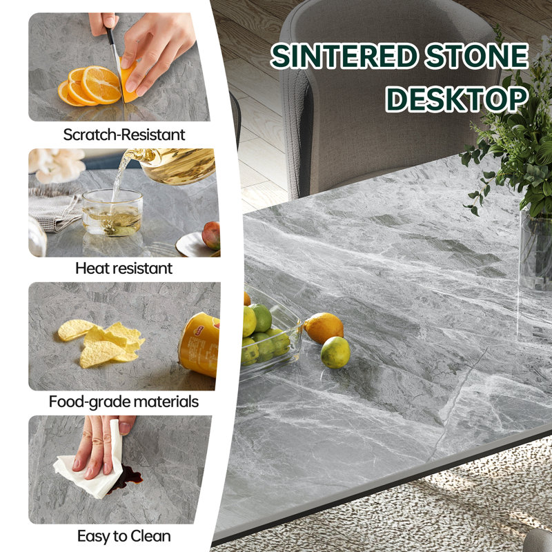 Krystah Rectangular Large Corner of Sintered Stone Ceramics Dining Table with Metal legs, 29" H x 59" L x 32" W, Grey
