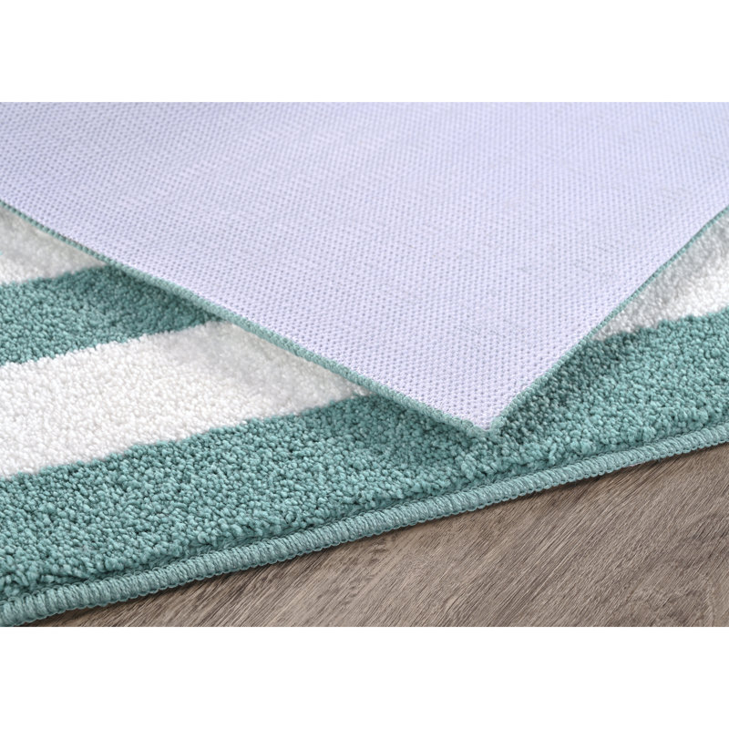 Ronning Beach Stripe Nylon and Polyester Bath Rug with Non-Slip Backing, Seafoam/White