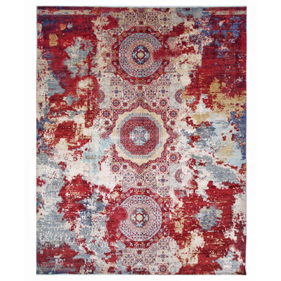 Tapis ivoire et rouge noué à la main de haute qualité