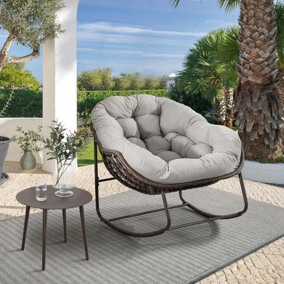Outdoor Papasan Recliner Chair，Rattan Rocking Chair with Cushion for Porch, Patio, Living Room, And Garden by Latitude Run