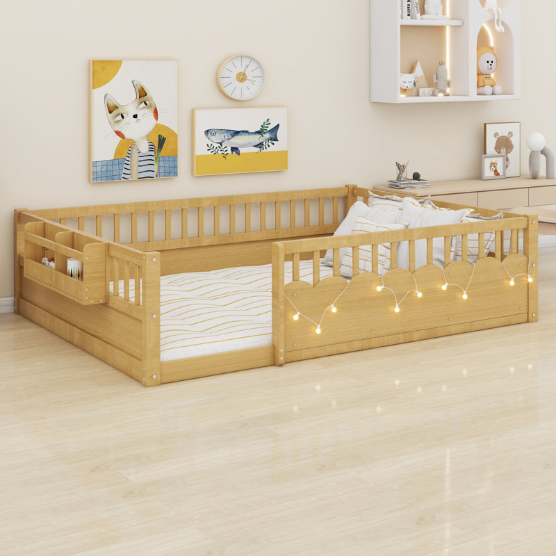 Lit au sol avec barrières de sécurité, guirlande lumineuse intégrée et panneaux nuageux pour enfants, Full, Natural