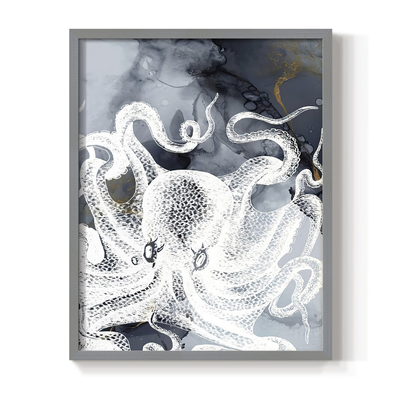 «Octopus Ink II», reproduction encadrée - bois massif, H 10 po x l 8 po, Gris