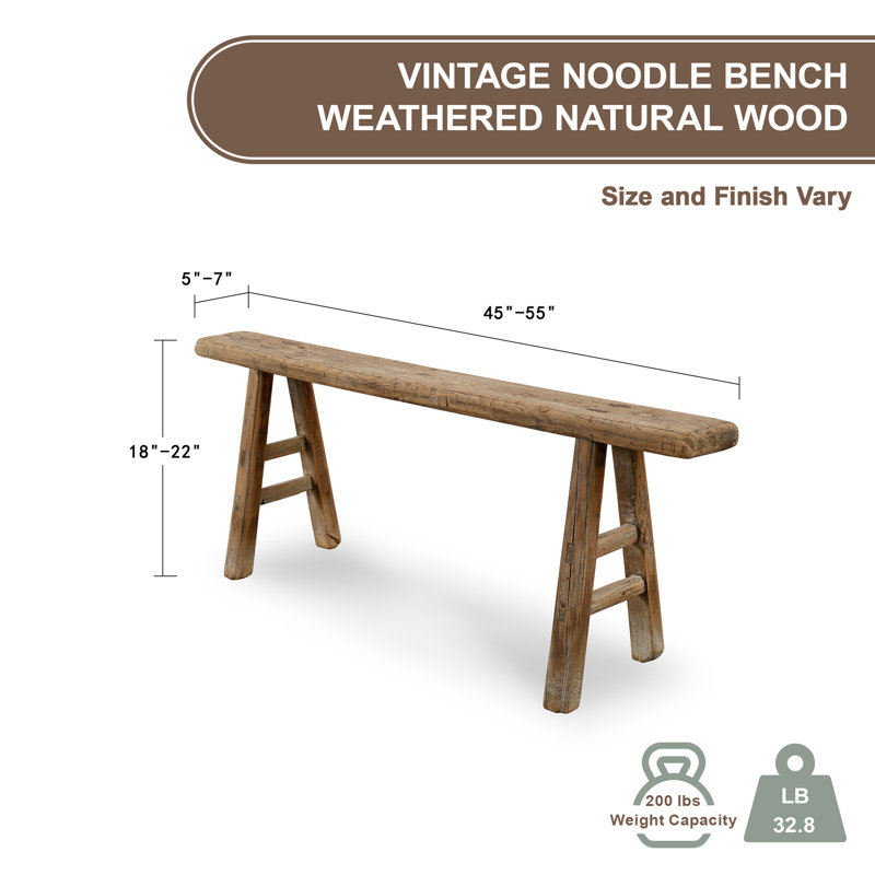 Lily's Living Vintage Noodle Bench, Weathered Natural Wood Finish , 20" H x 50" W x 5.5" D