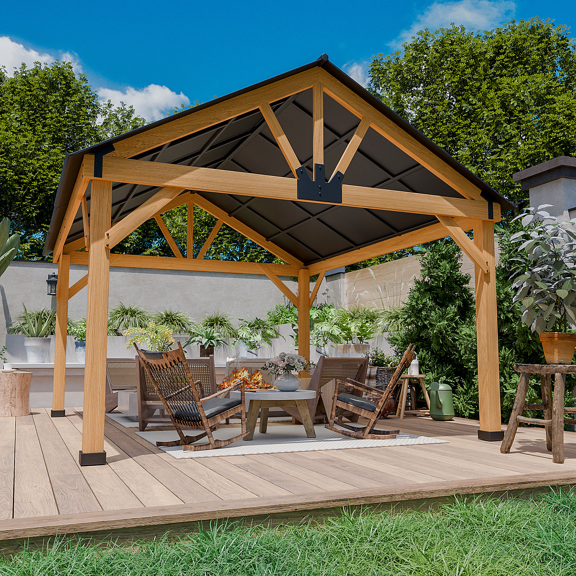 INMITOM 11 Ft. X 13 Ft. Solid Wood Hardtop Gazebo With Galvanized Steel ...