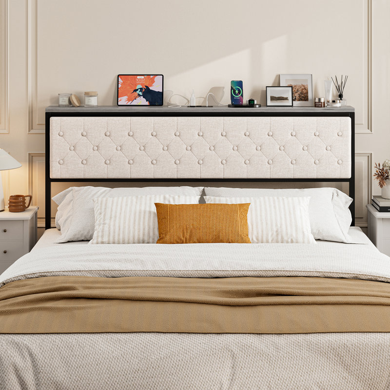 Headboard With Storage And Charging Station, Upholstered Storage Headboard Only With Bed Frame Brackets Adapter, Button Tufted Design, Easy Assembly