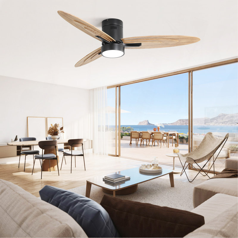 Ventilateur de plafond encastré de 56 pouces de conception moderne avec lumière et télécommande, moteur à courant continu réversible à 3 pales en bois massif noir