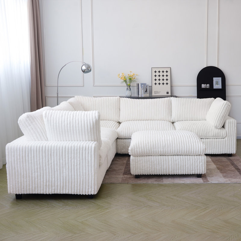 6 - Piece Upholstered Sectional With Ottoman, Beige Faux Fur