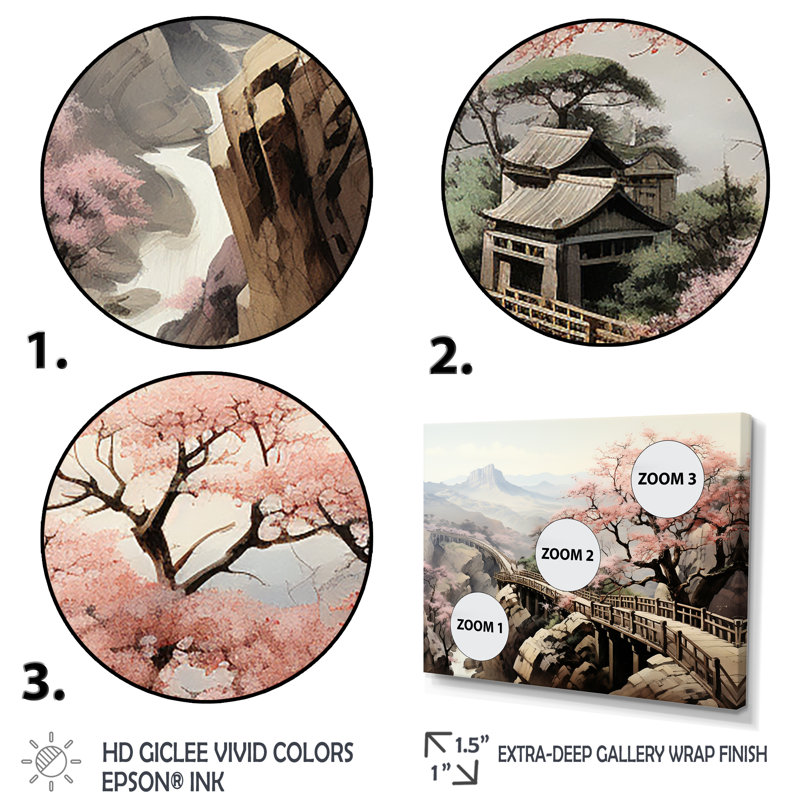 Rose, paysage floral japonais, paysage II, Toile tendue, H 32 po x l 48 po x P 1 po