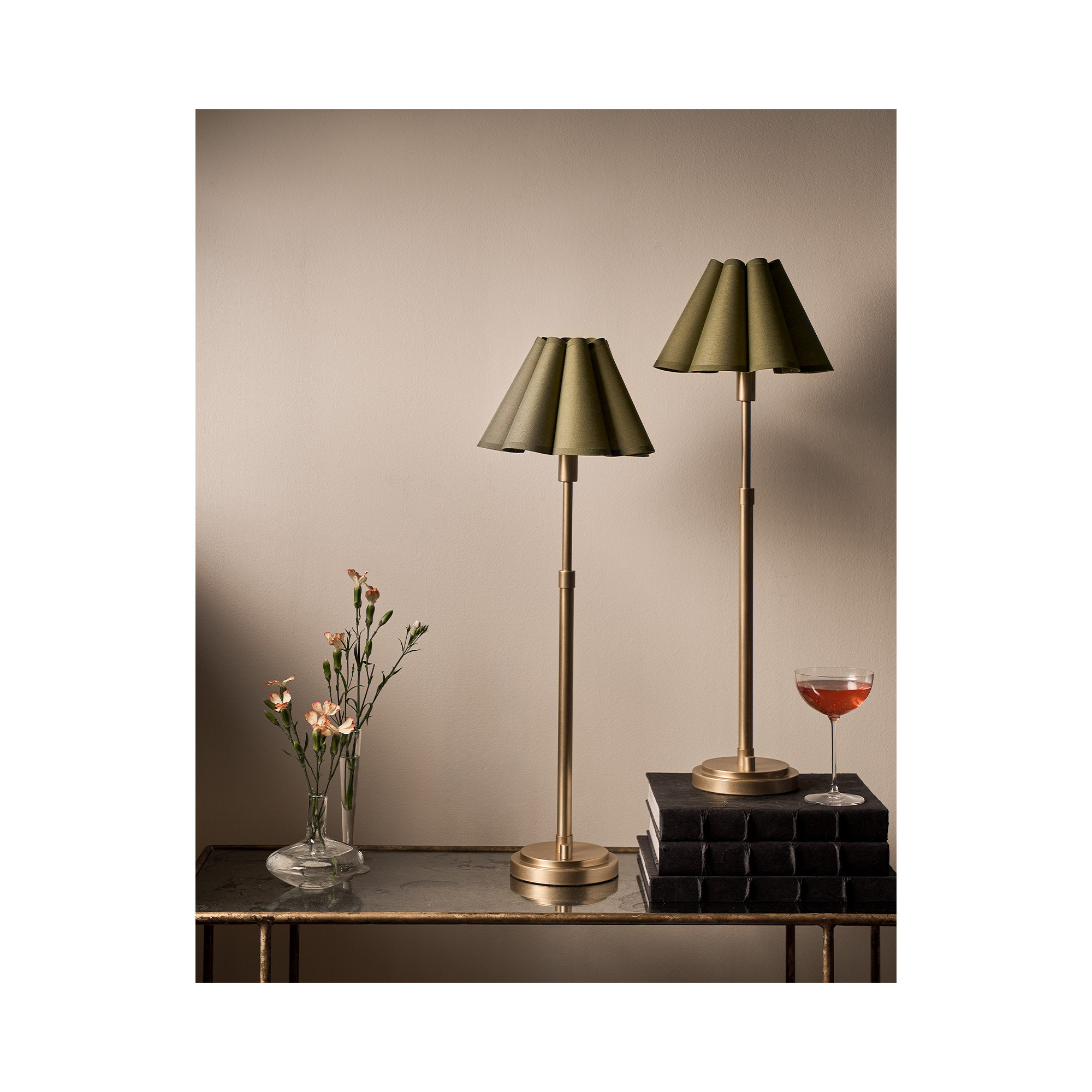 Polly Buffet Table Lamp, Green, 27.25" H x 9.75" W x 9.75" D, Natural Brass